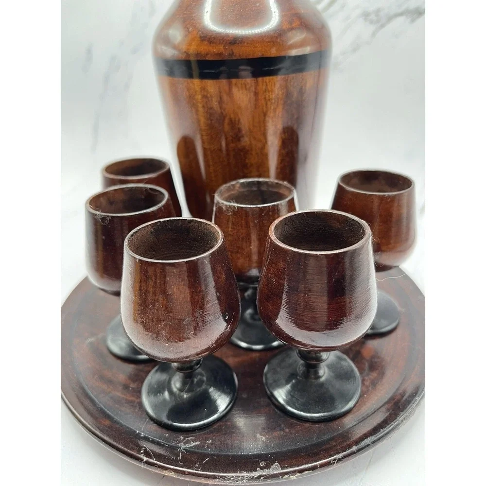 Vtg Wood Turned Saki Decanter‎ Set With 6 Goblet Shot Cups Tray Home Decor MCM
